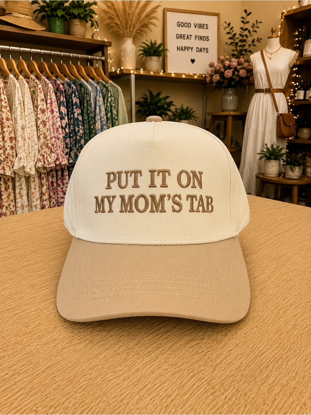 Put It On My Mom’s Tab Tan & Cream Boutique Baseball Cap Adjustable Hat